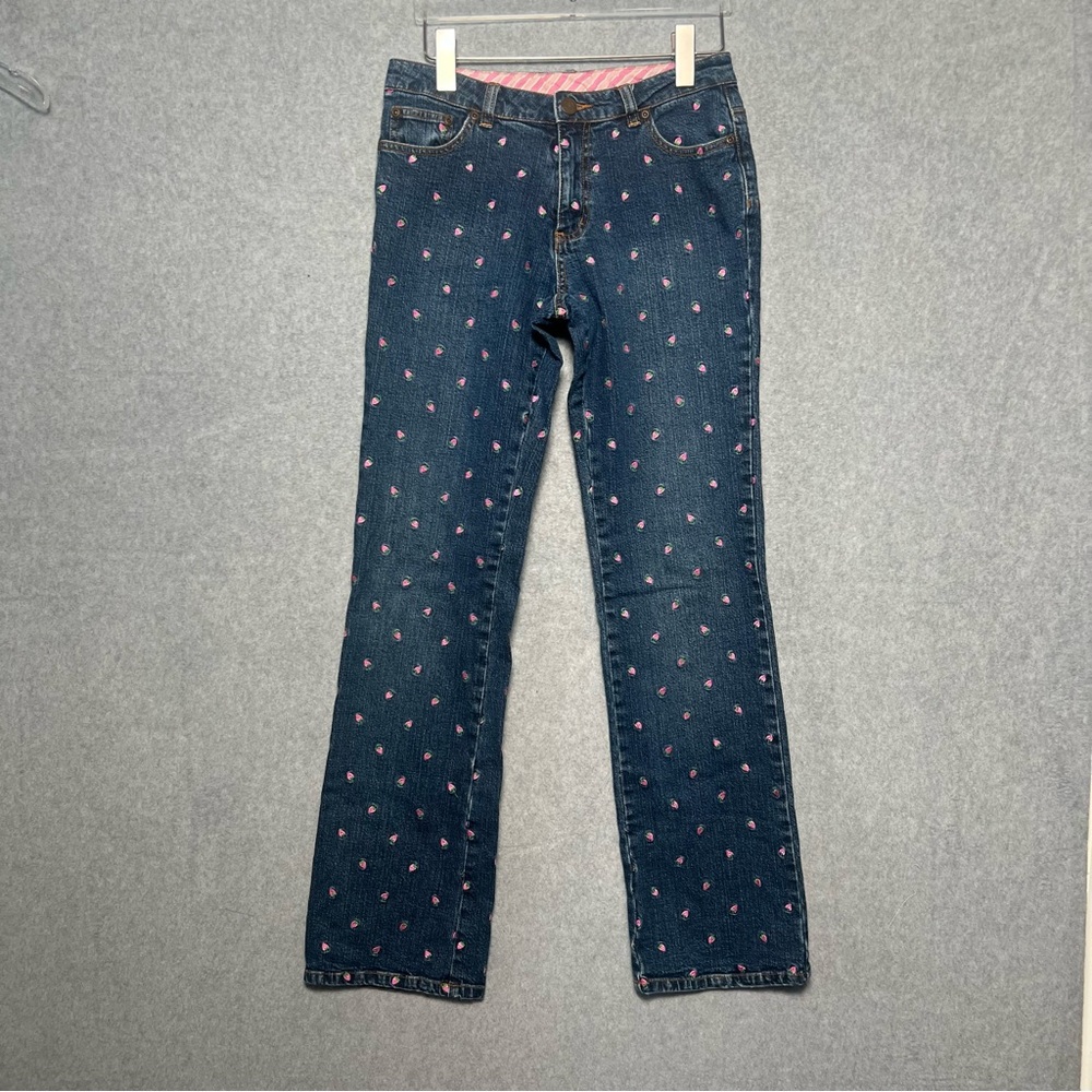 Lilly Pulitzer Vintgae Y2K White Tag Blue Denim Jeans Strawberry Embroidery SZ 4